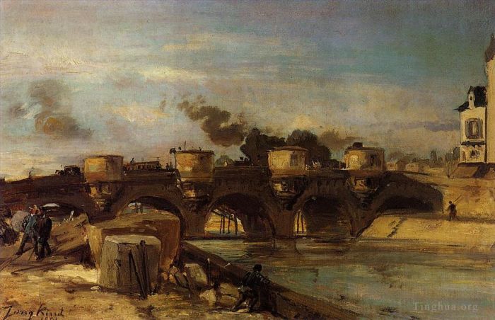 Johan Barthold Jongkind Peinture à l'huile - Incendie sur le Pont Neuf