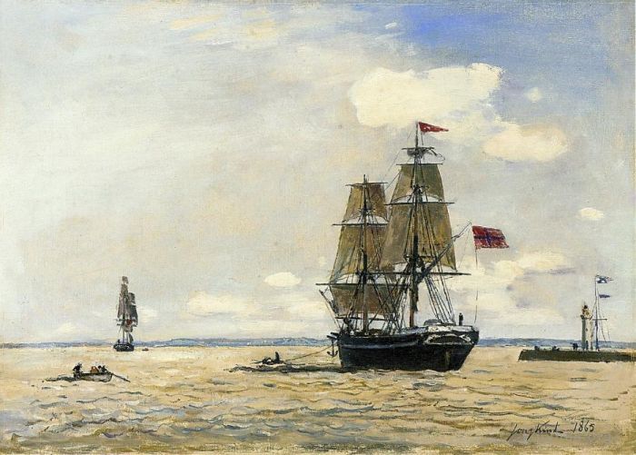 Johan Barthold Jongkind Peinture à l'huile - Navire de la marine norvégienne quittant le port de Honfleur