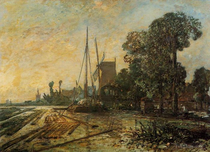 Johan Barthold Jongkind Peinture à l'huile - Moulin à vent près de l'eau