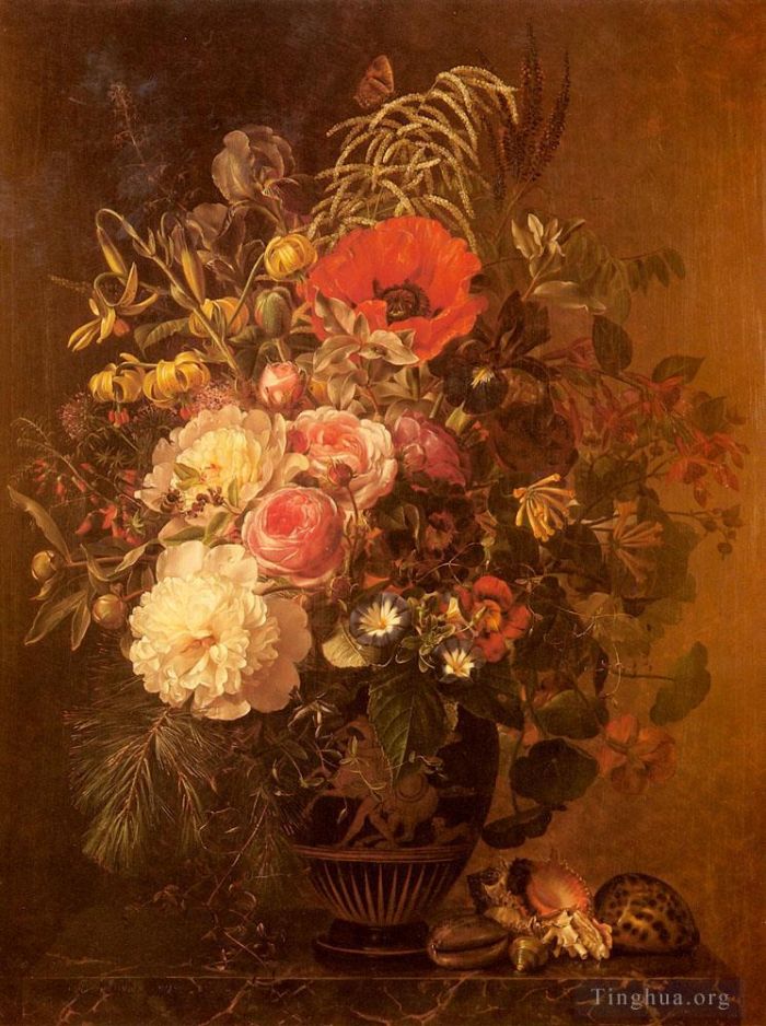 Johan Laurentz Jensen Peinture à l'huile - Une nature morte avec des fleurs dans un vase grec