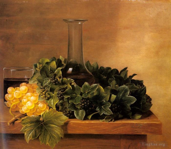 Johan Laurentz Jensen Peinture à l'huile - Une nature morte avec des raisins et des vins sur une table
