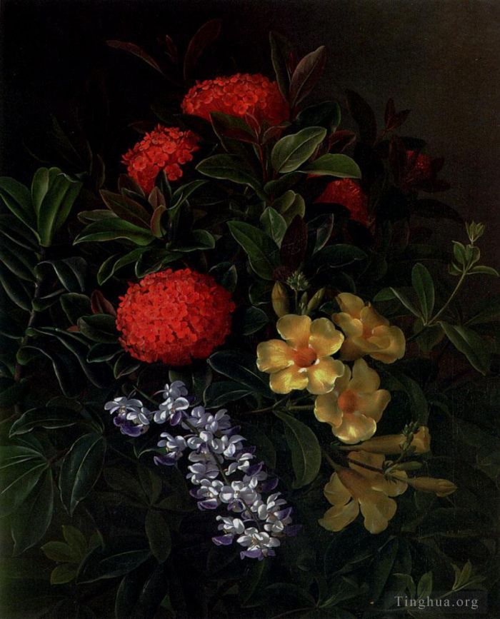 Johan Laurentz Jensen Peinture à l'huile - Allemanda Ixora et orchidées