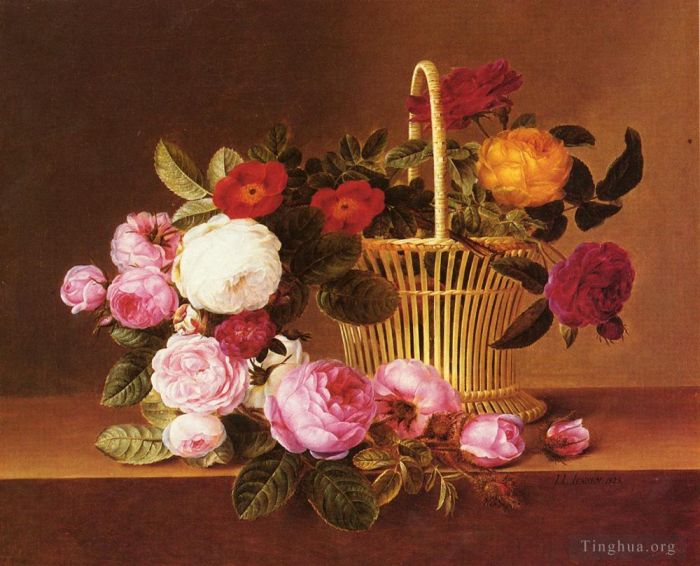 Johan Laurentz Jensen Peinture à l'huile - Panier Danois Roses Ledg
