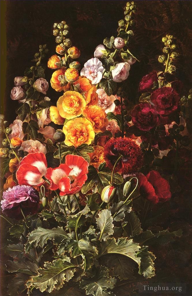 Johan Laurentz Jensen Peinture à l'huile - Nature morte danoise Roses trémières