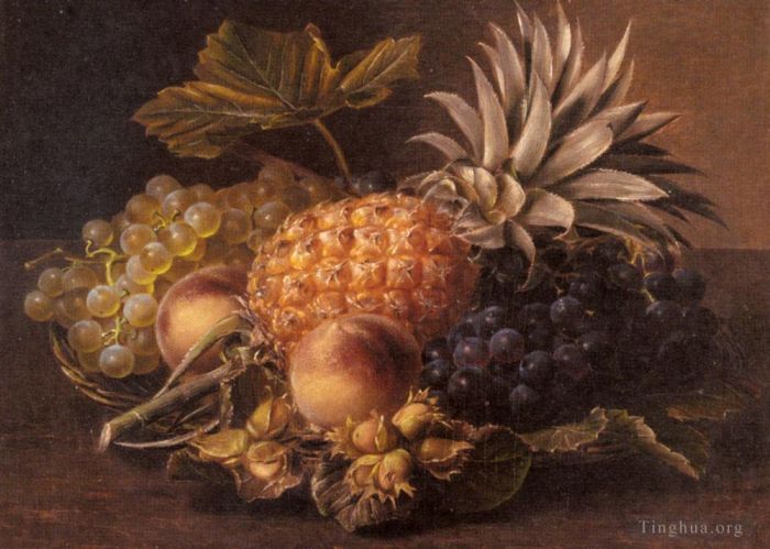 Johan Laurentz Jensen Peinture à l'huile - Raisins, pêches, ananas et noisettes dans un panier