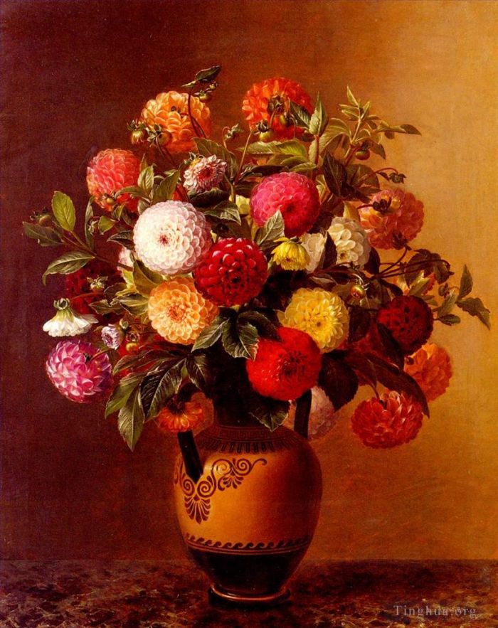 Johan Laurentz Jensen Peinture à l'huile - Nature Morte De Dahlias Dans Un Vase