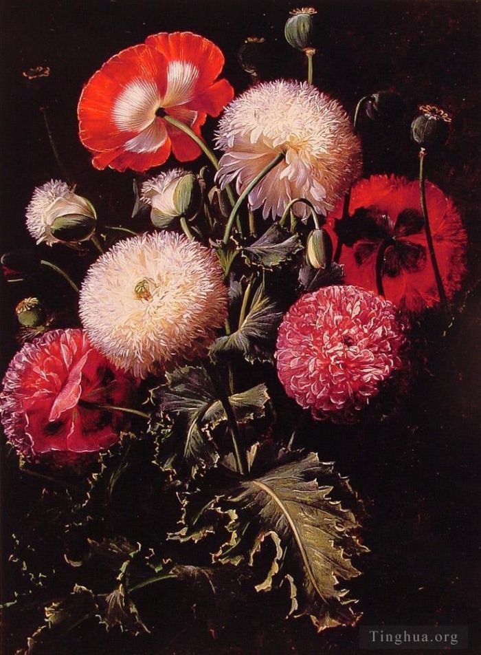 Johan Laurentz Jensen Peinture à l'huile - Nature morte aux coquelicots roses rouges et blancs