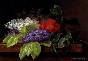 Johan Laurentz Jensen œuvres - Lilas blancs et violets, camélia et feuilles de hêtre sur un rebord en marbre