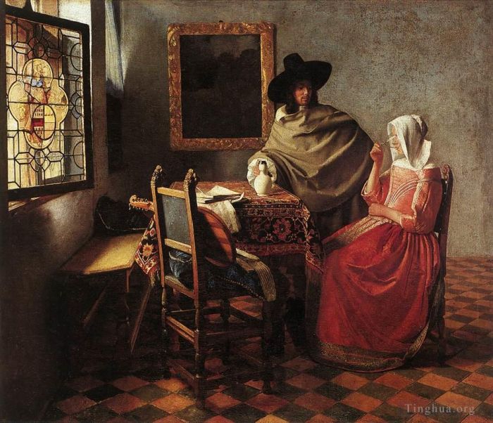 Johannes Vermeer Peinture à l'huile - Une dame qui boit et un gentleman