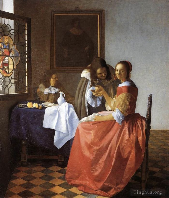 Johannes Vermeer Peinture à l'huile - Une dame et deux messieurs