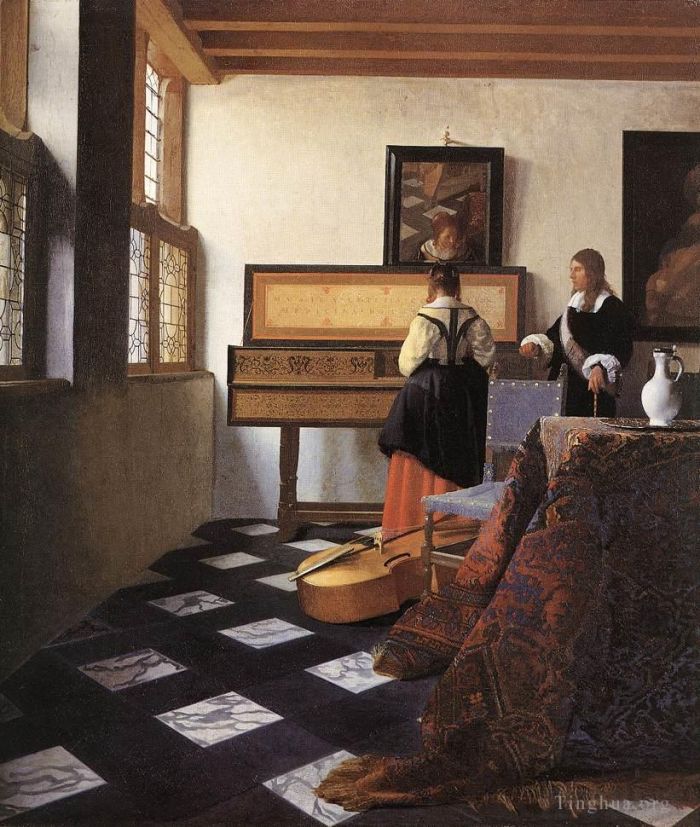 Johannes Vermeer Peinture à l'huile - Une dame aux Virginals avec un gentleman