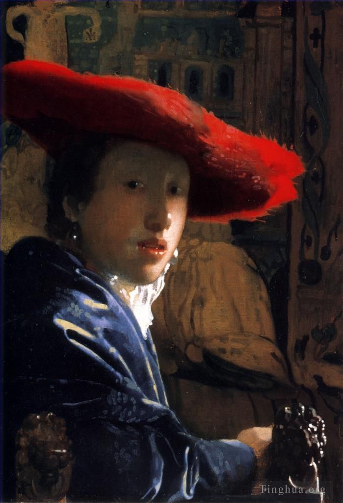 Johannes Vermeer Peinture à l'huile - Fille au chapeau rouge