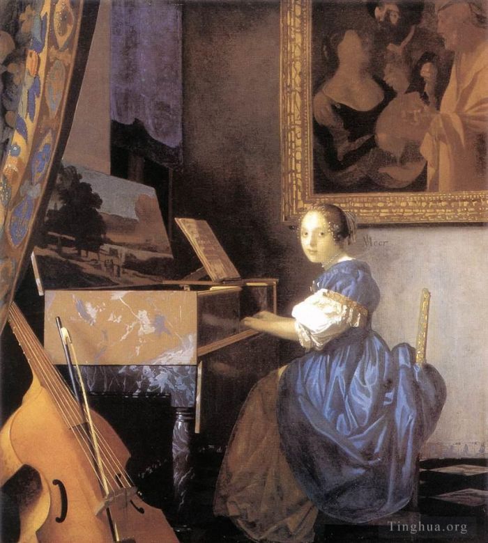 Johannes Vermeer Peinture à l'huile - Dame assise à un virginal