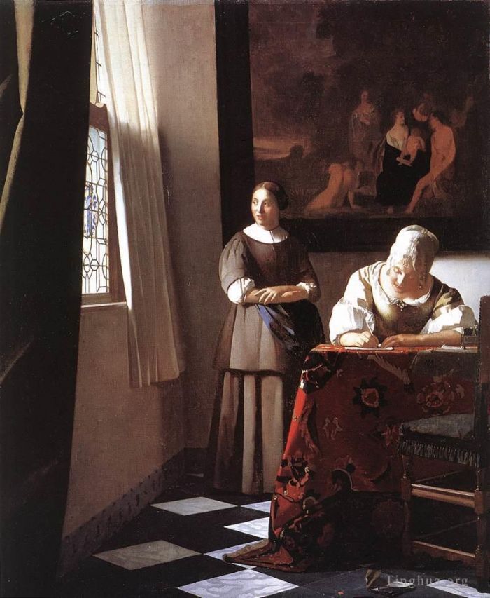 Johannes Vermeer Peinture à l'huile - Dame écrivant une lettre avec sa servante