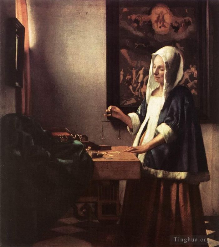 Johannes Vermeer Peinture à l'huile - Femme tenant une balance