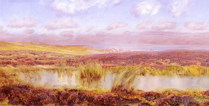 John Brett Peinture à l'huile - Une vue de Whitby depuis les landes