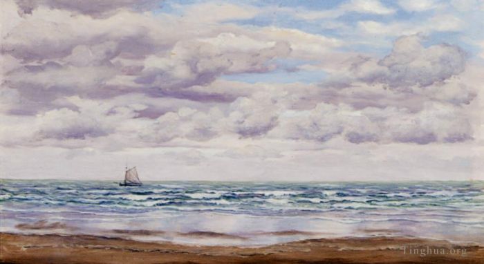 John Brett Peinture à l'huile - Rassembler des nuages Un bateau de pêche au large de la côte