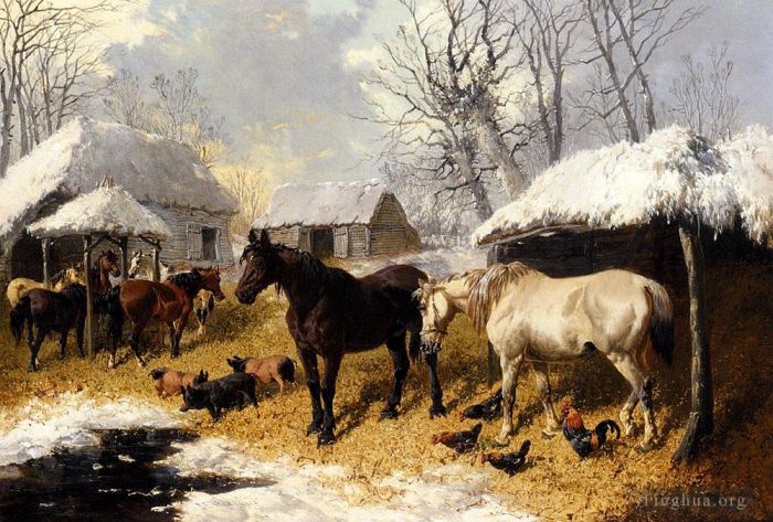 John Frederick Herring Jr Peinture à l'huile - Une scène de ferme en hiver