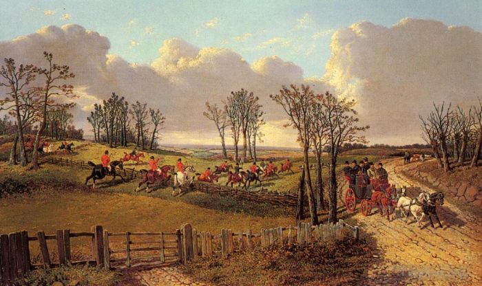 John Frederick Herring Jr Peinture à l'huile - Une scène de chasse avec un carrosse et quatre sur la route ouverte