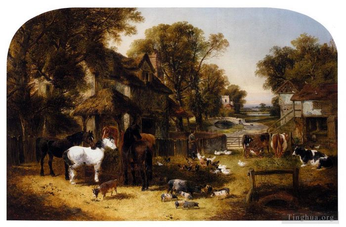 John Frederick Herring Jr Peinture à l'huile - Une idylle de ferme anglaise