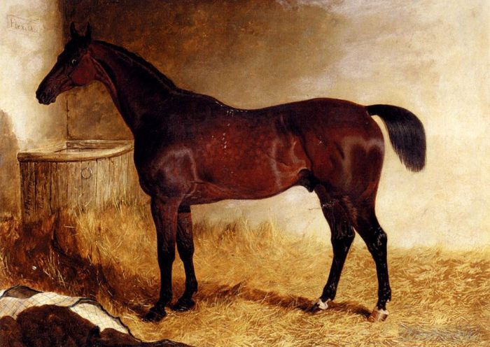 John Frederick Herring Jr Peinture à l'huile - Flexible un cheval de course alezan dans une boîte en vrac