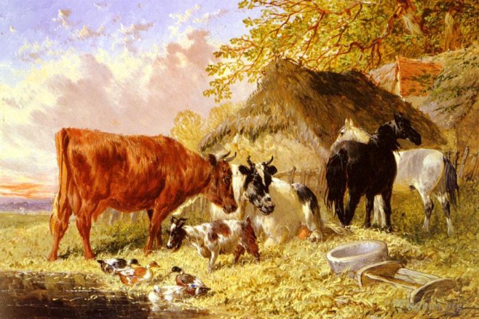 John Frederick Herring Jr Peinture à l'huile - Chevaux, vaches, canards et chèvre près d'une ferme