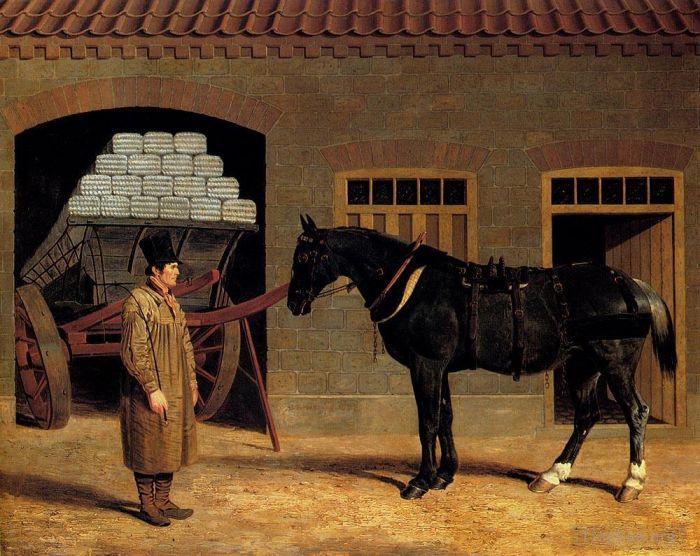 John Frederick Herring Sr Peinture à l'huile - Un cheval de charrette et un chauffeur à l'extérieur d'une écurie