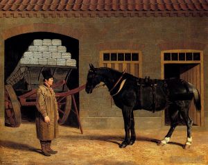 John Frederick Herring Sr œuvres - Un cheval de charrette et un chauffeur à l'extérieur d'une écurie