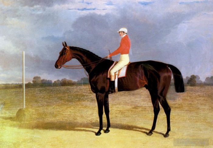John Frederick Herring Sr Peinture à l'huile - Un cheval de course Dark Bay avec Patrick Connolly Up