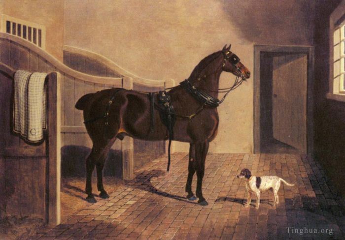 John Frederick Herring Sr Peinture à l'huile - Un cheval et un chien d'entraîneur préférés dans une écurie