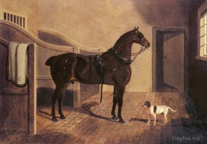 John Frederick Herring Sr œuvres - Un cheval et un chien d'entraîneur préférés dans une écurie