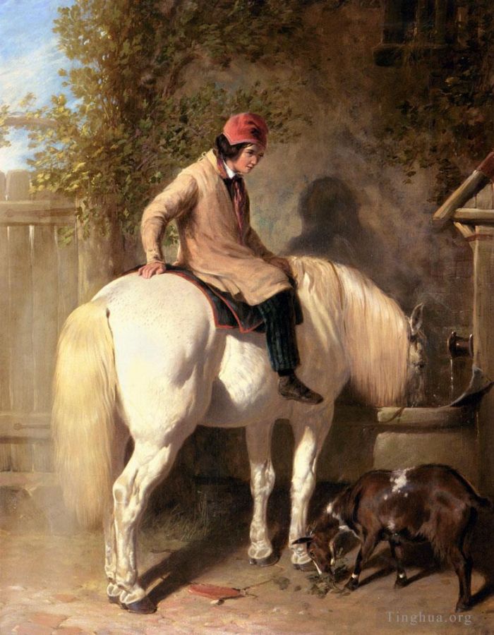 John Frederick Herring Sr Peinture à l'huile - Rafraîchissement Un garçon abreuvant son poney gris