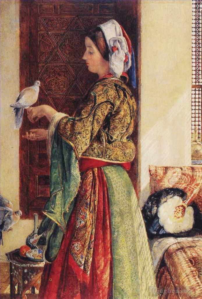 John Frederick Lewis Peinture à l'huile - Fille avec deux colombes en cage