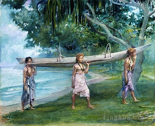 John LaFarge Peinture à l'huile - Filles transportant un canot Vaiala aux Samoa