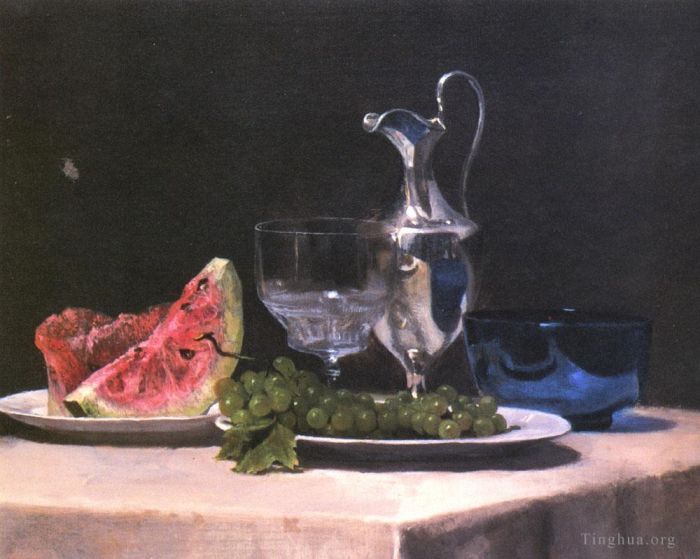 John LaFarge Peinture à l'huile - Etude de nature morte de verre et de fruits en argent