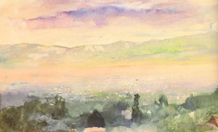 John LaFarge Types de peintures - Lever du soleil dans le brouillard sur Kyoto