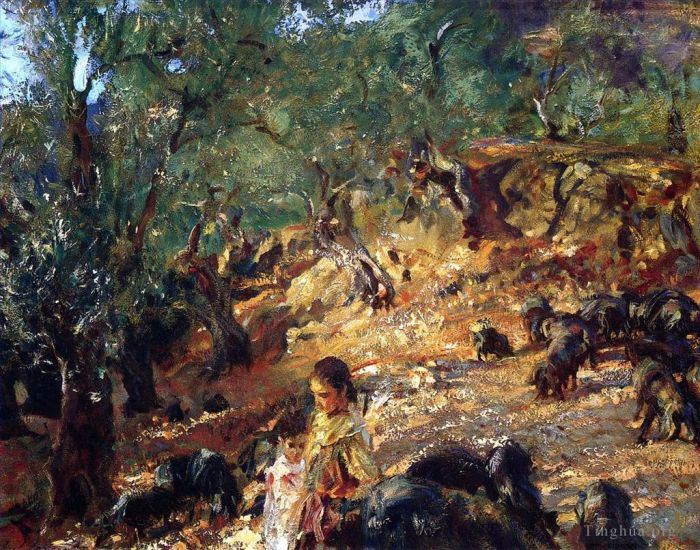 John Singer Sargent Peinture à l'huile - Ilex Wood à Majorque avec des Cochons Bleus