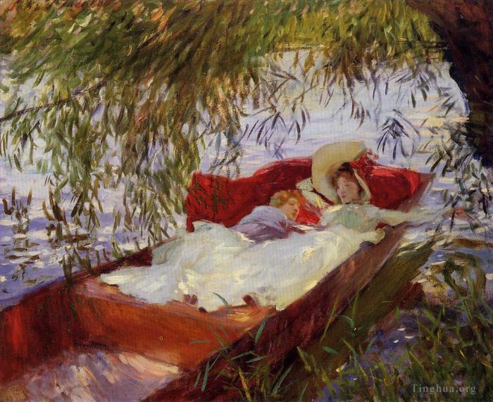John Singer Sargent Peinture à l'huile - Deux femmes endormies dans une barque sous les saules