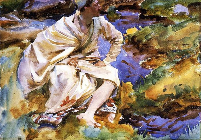 John Singer Sargent Types de peintures - Un homme assis au bord d'un ruisseau Val d'Aoste Purtud