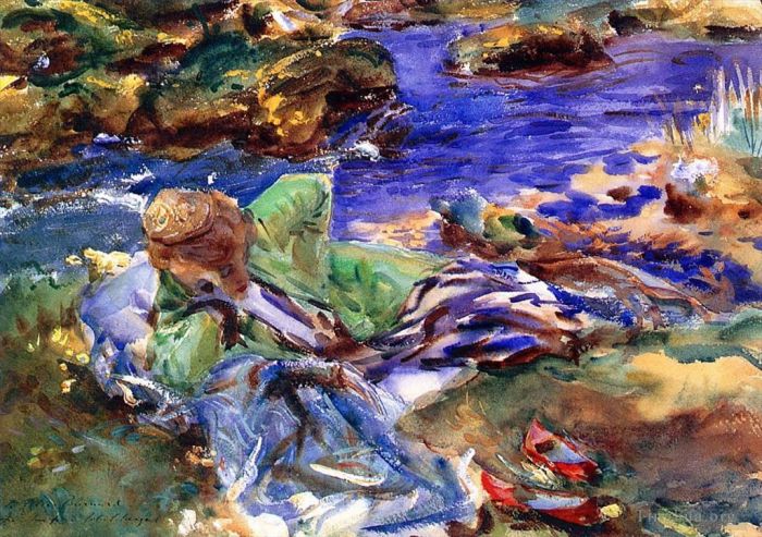 John Singer Sargent Types de peintures - Femme en costume turc Une femme turque au bord d'un ruisseau