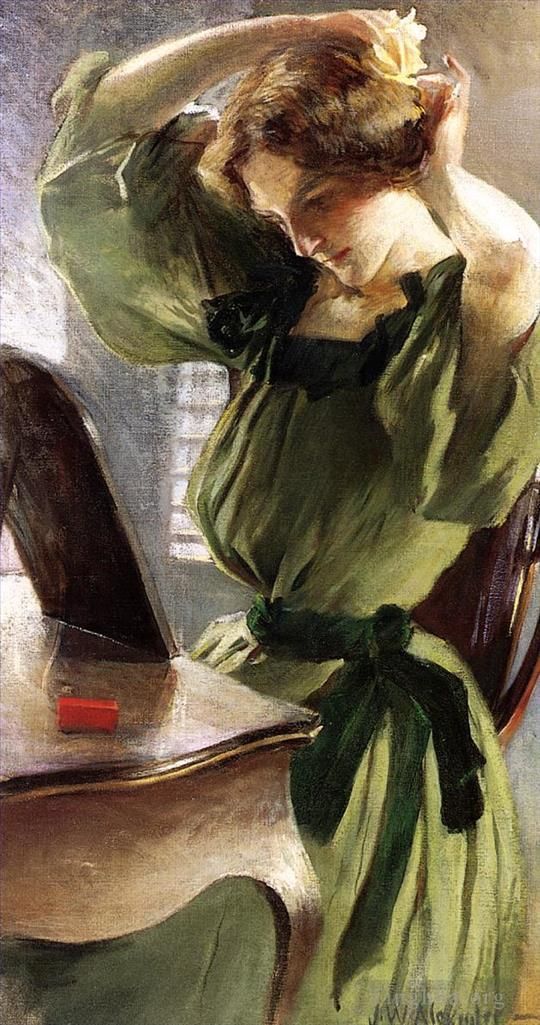 John White Alexander Peinture à l'huile - Jeune femme arrangeant ses cheveux