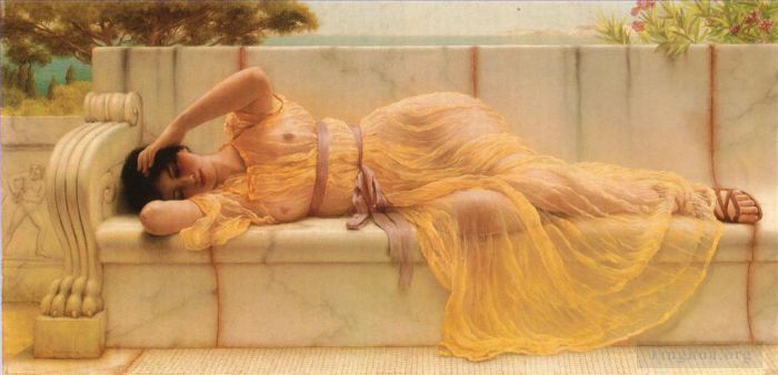 John William Godward Peinture à l'huile - Fille en draperie jaune