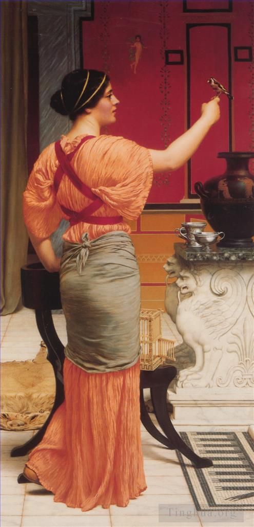 John William Godward Peinture à l'huile - Lesbia avec son moineau