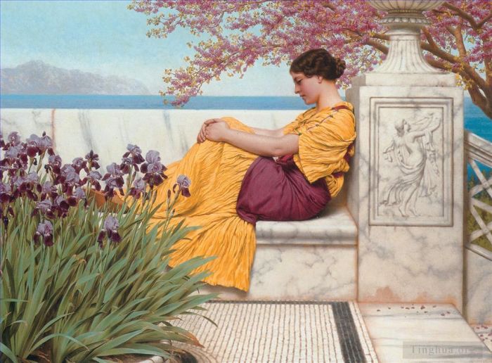 John William Godward Peinture à l'huile - Sous la fleur accrochée au rameau