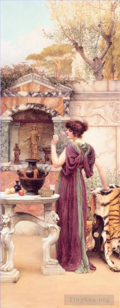 John William Godward Peinture à l'huile - Le sanctuaire du jardin de Pompéi