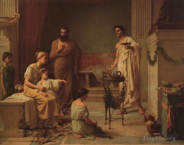 John William Waterhouse Peinture à l'huile - Un enfant malade amené dans le temple d'Esculape
