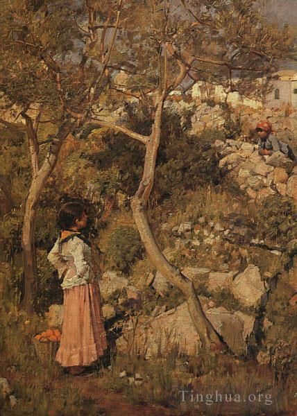 John William Waterhouse Peinture à l'huile - Deux petites filles italiennes près d'un village