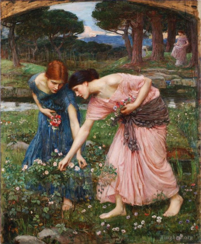 John William Waterhouse Peinture à l'huile - Rassemblez vos boutons de roses pendant que vous mai 1909