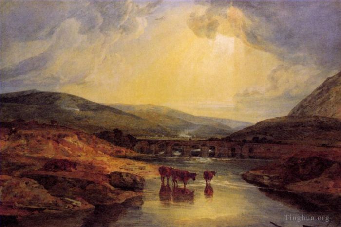 Joseph Mallord William Turner Peinture à l'huile - Abergavenny Bridge Monmountshire s'éclaircit après une journée de pluie