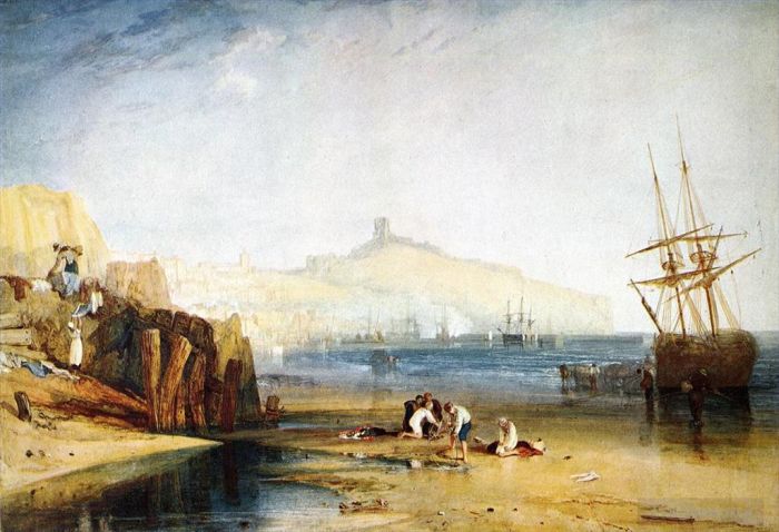Joseph Mallord William Turner Peinture à l'huile - Scarborough Town et Castle Morning Boys attrapant des crabes
